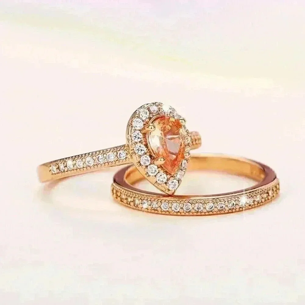 New 18k Gold Over Silver Champagne CZ 2Pc Set
